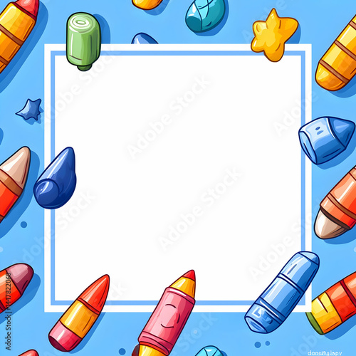 Obraz na płótnie Colorful illustration of crayons and art supplies framing a blank space for creativity. w salonie