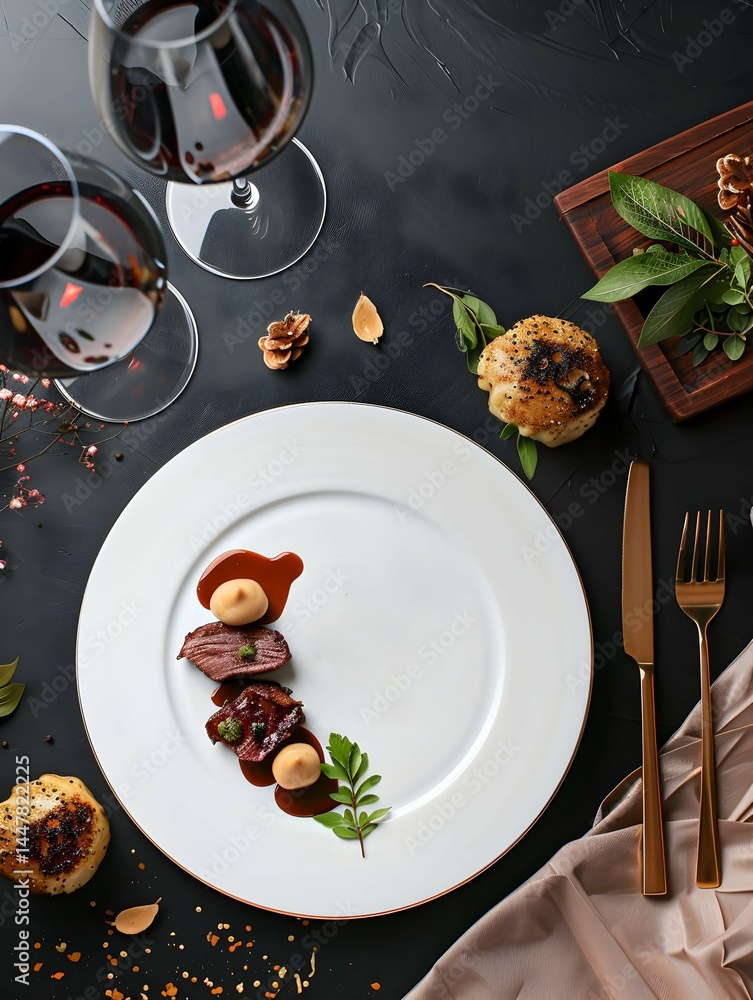 Elegant dining setup featuring gourmet dish, wine, and decorative elements.