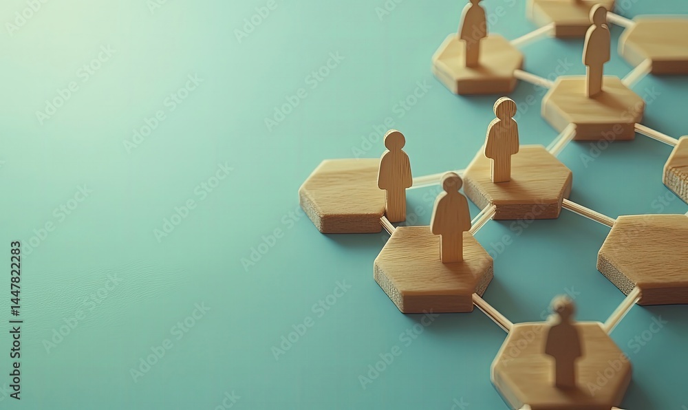 Obraz premium Connected network of people on hexagonal platforms. Wooden figurines represent individuals linked by thin threads
