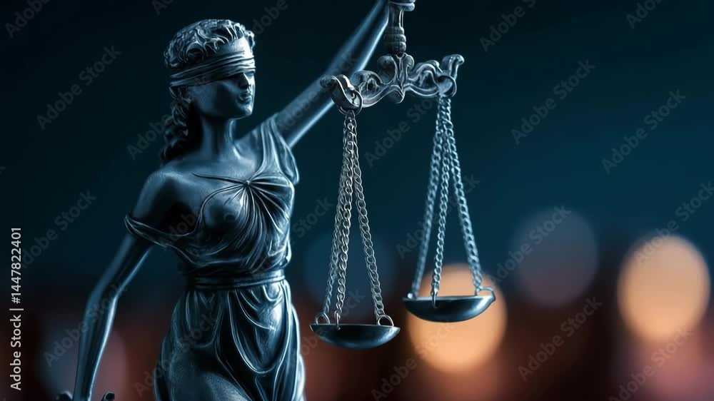 Blindfolded Lady Justice statue holding balanced scales, symbolizing impartiality and law in a dramatic dark setting – legal fairness, justice, and equality concepts Blindfolded Lady Justice statue holding balanced scales, symbolizing impartiality and law in a dramatic dark setting – legal fairness, justice, and equality concepts