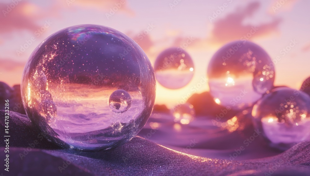 Glass spheres on a textured surface reflect a sunset sky with pink and orange hues. Glass spheres on a textured surface reflect a sunset sky with pink and orange hues.