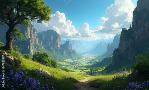 high detailed painting effect beautiful mountain summer landscape with blue sky