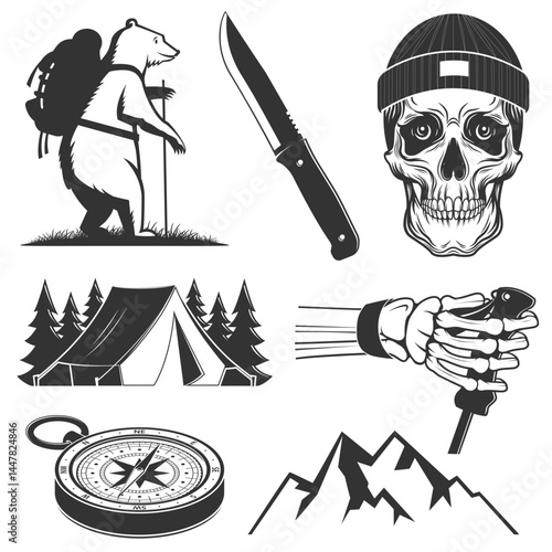 Set of camping and hiking elements. Vector. Hiker bear with backpack, mountain, skull, skeleton hand holding hiking pole, compass, camping tent with forest, knife, mountain. Design element for label