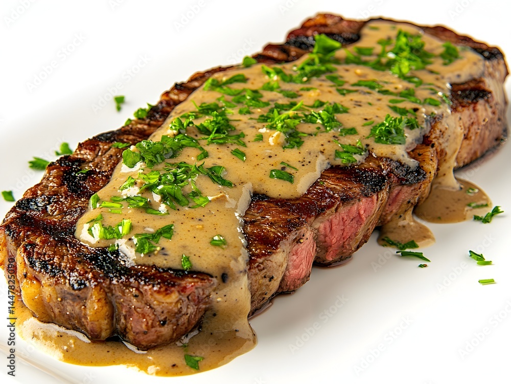 A delicious grilled strip steak is generously topped with a creamy mushroom sauce and fresh parsley garnish. A delicious grilled strip steak is generously topped with a creamy mushroom sauce and fresh parsley garnish.