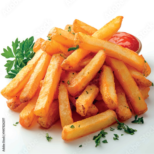 French fries isolated. Fried potatoes, chips. Fast food. Photo of French fries menu.	