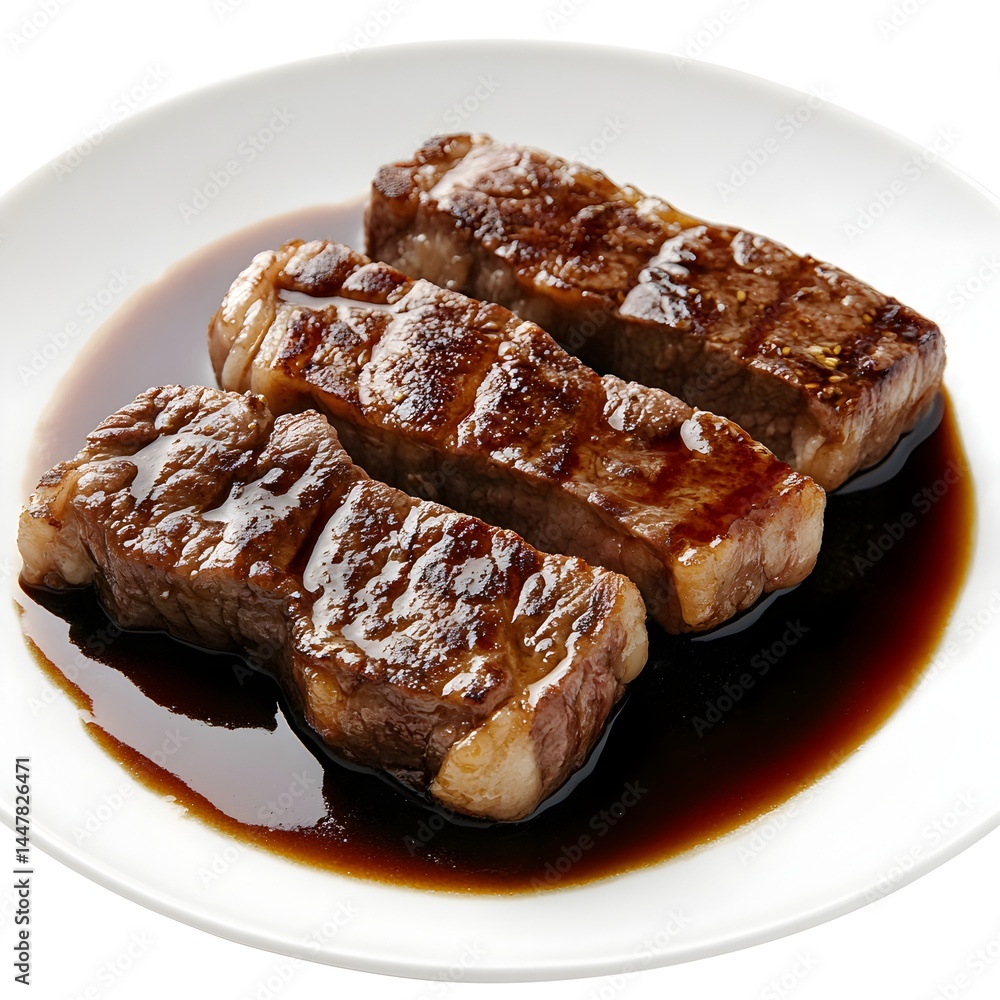 Three delicious grilled beef steaks are served on a white plate with a rich brown sauce. Three delicious grilled beef steaks are served on a white plate with a rich brown sauce.