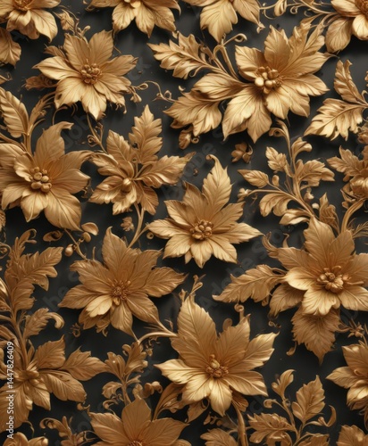 Intricate gold floral pattern, textured leaves , intricate, intricate design, golden