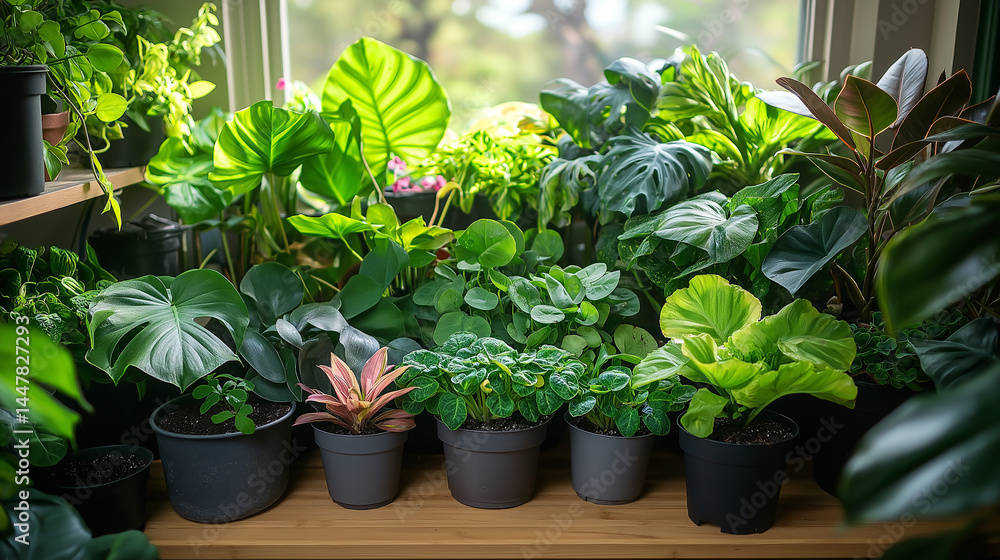 Lush collection of indoor houseplants on windowsill in natural light Lush collection of indoor houseplants on windowsill in natural light