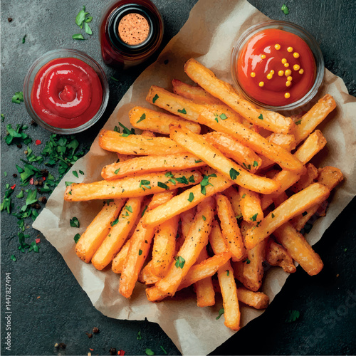 French fries isolated with sauce. Fried potatoes, chips. Fast food. Photo of French fries menu.	