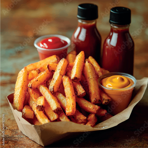 French fries isolated with sauce. Fried potatoes, chips. Fast food. Photo of French fries menu.	