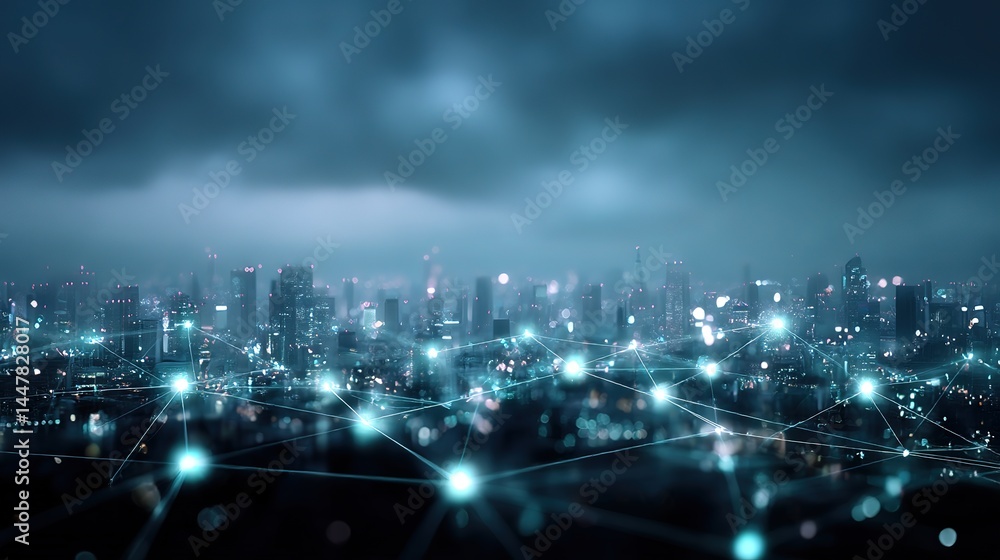 Fototapeta premium Futuristic cityscape with glowing nodes, a digital network connecting the urban future 