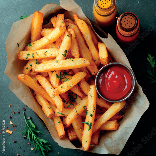 French fries isolated with sauce. Fried potatoes, chips. Fast food. Photo of French fries menu.	