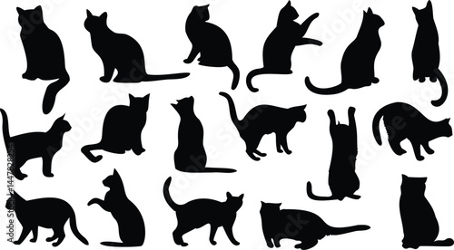 Collection of Dynamic Cat Silhouettes in Various Poses Depicting Playful, Relaxed, and Athletic Feline Movements