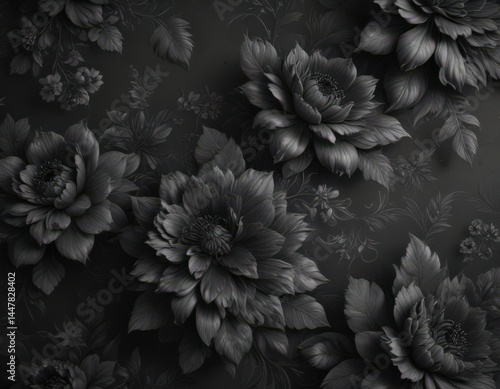Luxury charcoal floral wallpaper; deep textures, intricate blooms, elegant style, home decor, blossom, background