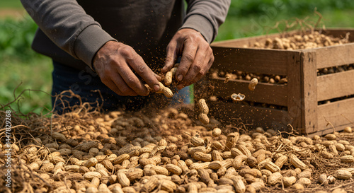 Hands carefully separating peanuts from shells during harvest