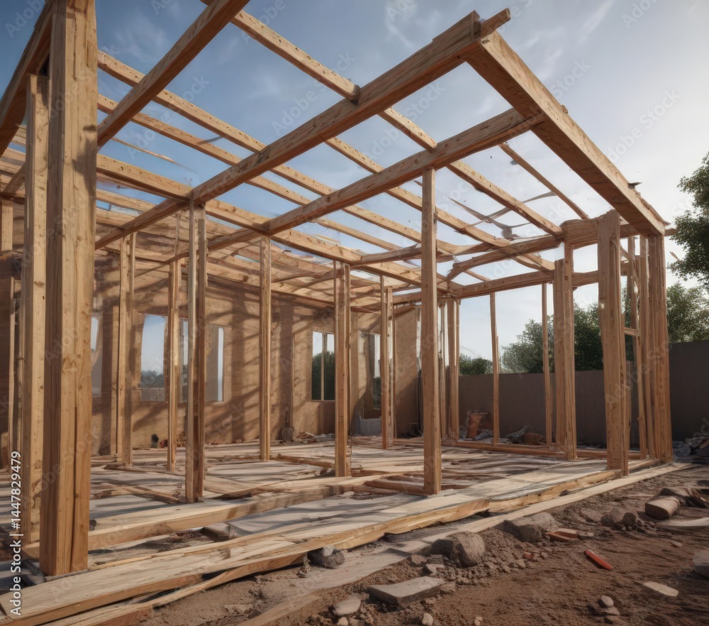 Fototapeta premium Modern home extension framing, under construction, materials, industry