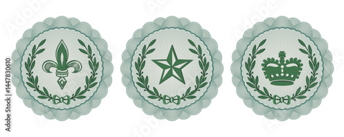 Vector set of openwork round guilloche icons or seals. Wreath, english crown, american or soviet star and stylistic french lily. Collection of emblems or badges.