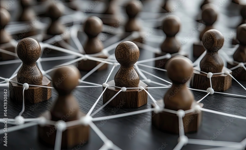 Obraz premium Wooden figurines interconnected by a network of thin threads.