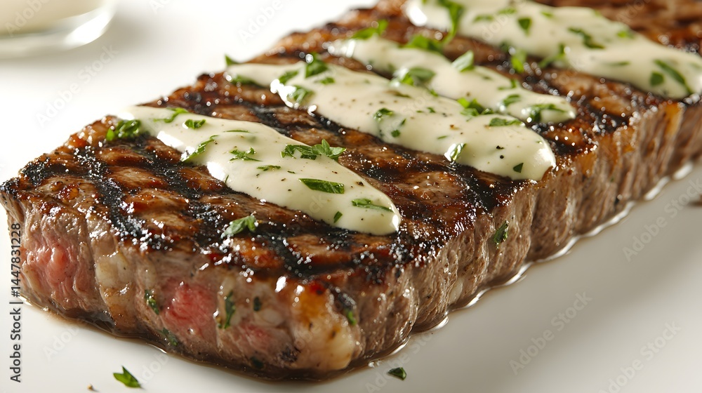 A perfectly grilled strip steak topped with creamy herb sauce is ready to be served for a delicious meal. A perfectly grilled strip steak topped with creamy herb sauce is ready to be served for a delicious meal.