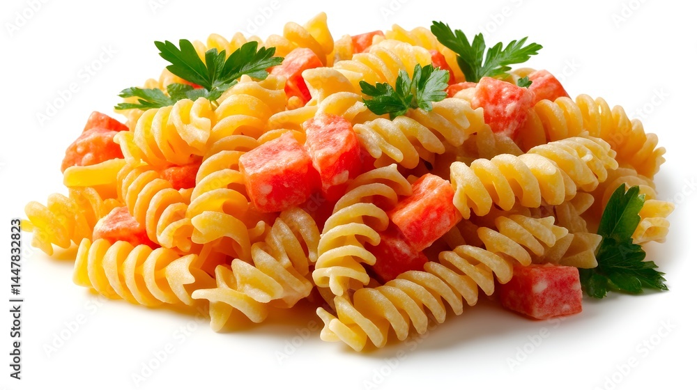 A delicious and appetizing pasta salad with rotini pasta, diced carrots, and fresh parsley garnish is perfectly presented. A delicious and appetizing pasta salad with rotini pasta, diced carrots, and fresh parsley garnish is perfectly presented.
