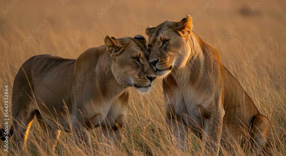 Golden Hour Lionesses: Affectionate Embrace in African Savanna Golden Hour Lionesses: Affectionate Embrace in African Savanna