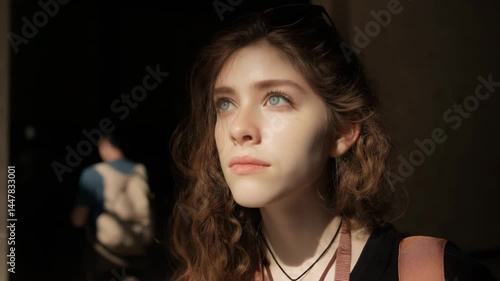 Wallpaper Mural Young woman with curly hair stands in sunlight inside building, looking thoughtful as a man walks away – concept of wonder, travel, and introspection Torontodigital.ca