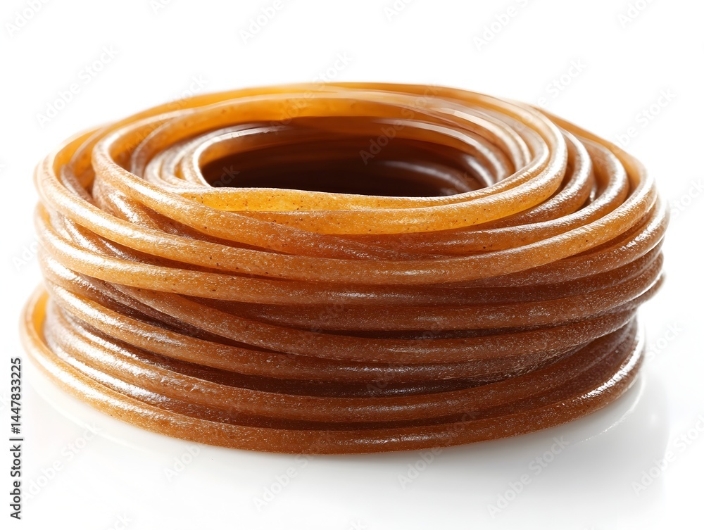 A neatly coiled roll of light brown flexible tubing sits on a white background showcasing its texture and smooth surface. A neatly coiled roll of light brown flexible tubing sits on a white background showcasing its texture and smooth surface.