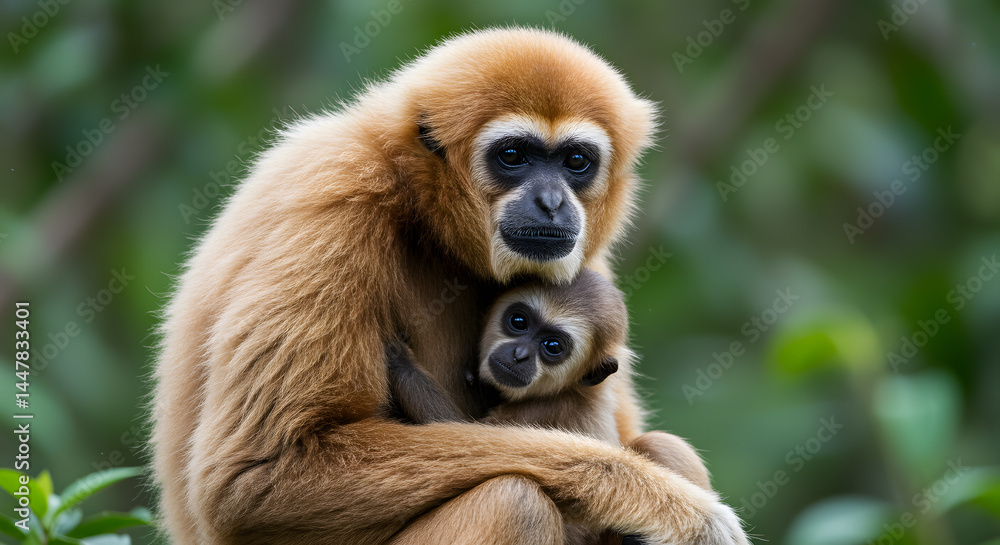 Obraz premium Golden-Handed Gibbon Mother and Baby: A Tender Embrace in Lush Greenery