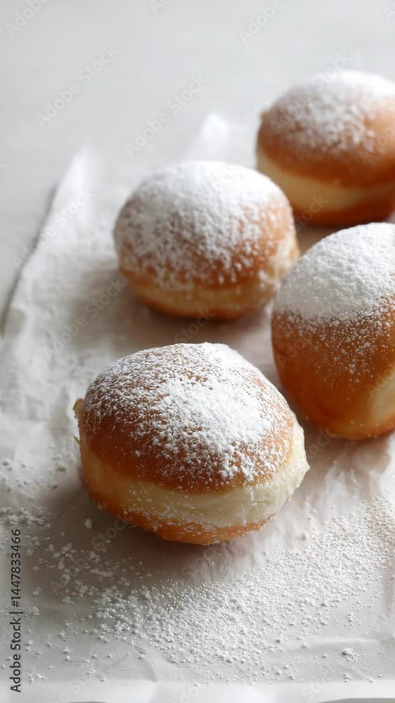 Bomboloni on parchment paper, dusted with powdered sugar, offering a sweet, indulgent treat with a light and airy texture and golden-brown crust. Bomboloni on parchment paper, dusted with powdered sugar, offering a sweet, indulgent treat with a light and airy texture and golden-brown crust.