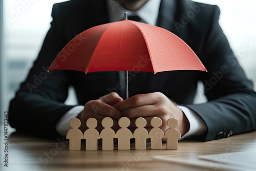 Businessman protecting team under red umbrella.  Hands hold umbrella over small wooden figures of people on a desk