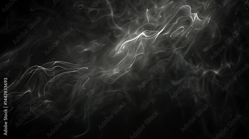 Obraz premium Abstract background featuring ethereal wisps and tendrils of white smoke or vapor flowing gracefully against a solid black backdrop. Monochrome texture. 