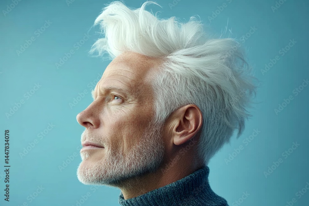 Conceptual art of style for aging men. Blue solid background. Modish men's classic long sweep haircut - midlife white man with white hair. A charming and expressive man enjoying his portrait.