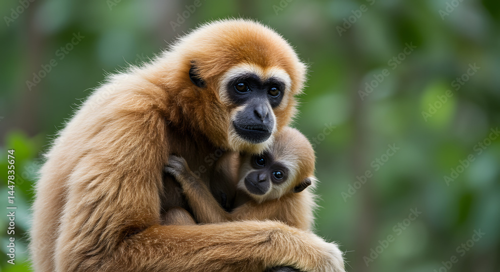 A heartwarming image of a mother gibbon cradling her baby, showcasing the tenderness and protective instincts of primates in their natural habitat. A heartwarming image of a mother gibbon cradling her baby, showcasing the tenderness and protective instincts of primates in their natural habitat.