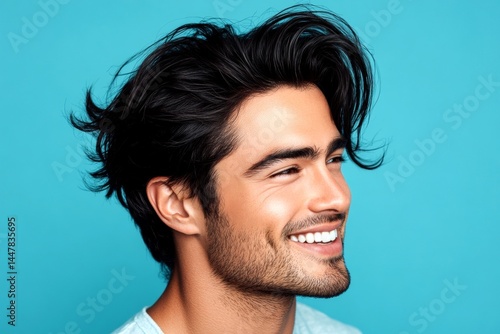 Obraz na płótnie A charming and elegant man exuding positivity. Conceptual art of style for aging men. Blue solid background. Trendy men's undercut haircut - midlife white man with black hair. w salonie