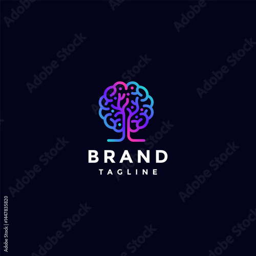 Lively Exciting Colorful Brain Tree Logo Design. Icon People Tree And Brain In One Symbol Logo Design.