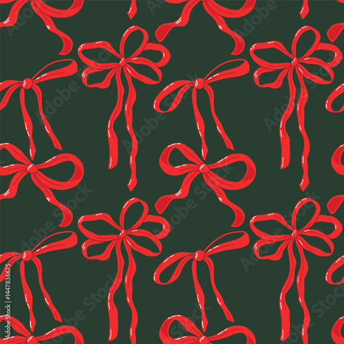 Seamless Pattern of Red Bows on a Dark Green Background. Seamless pattern depicting vibrant red decorative bows over a stylish dark green surface, ideal for festive themes such as Christmas, holiday 