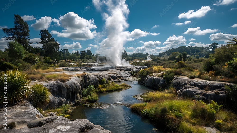 Geyser erupts with steam in a lush landscape Geyser erupts with steam in a lush landscape