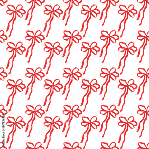 Seamless Pattern of Red Ribbon Bows on White Background. Red ribbon bows create a visually appealing seamless pattern on a white background, exuding charm and simplicity. Ideal for holiday designs