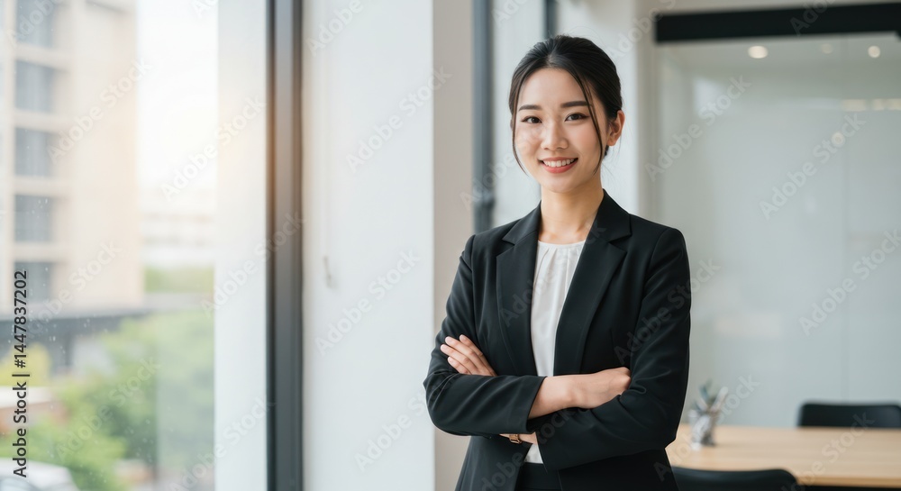 Asian woman in business attire stands with arms crossed near a window. Asian woman in business attire stands with arms crossed near a window.