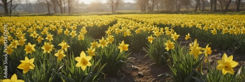 Sunlit daffodil field, vibrant yellow blooms, spring countryside , sunny, sun