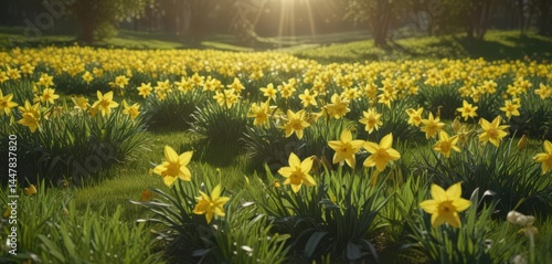 Sunlit daffodils burst forth in vibrant yellow against a lush green field , life, image