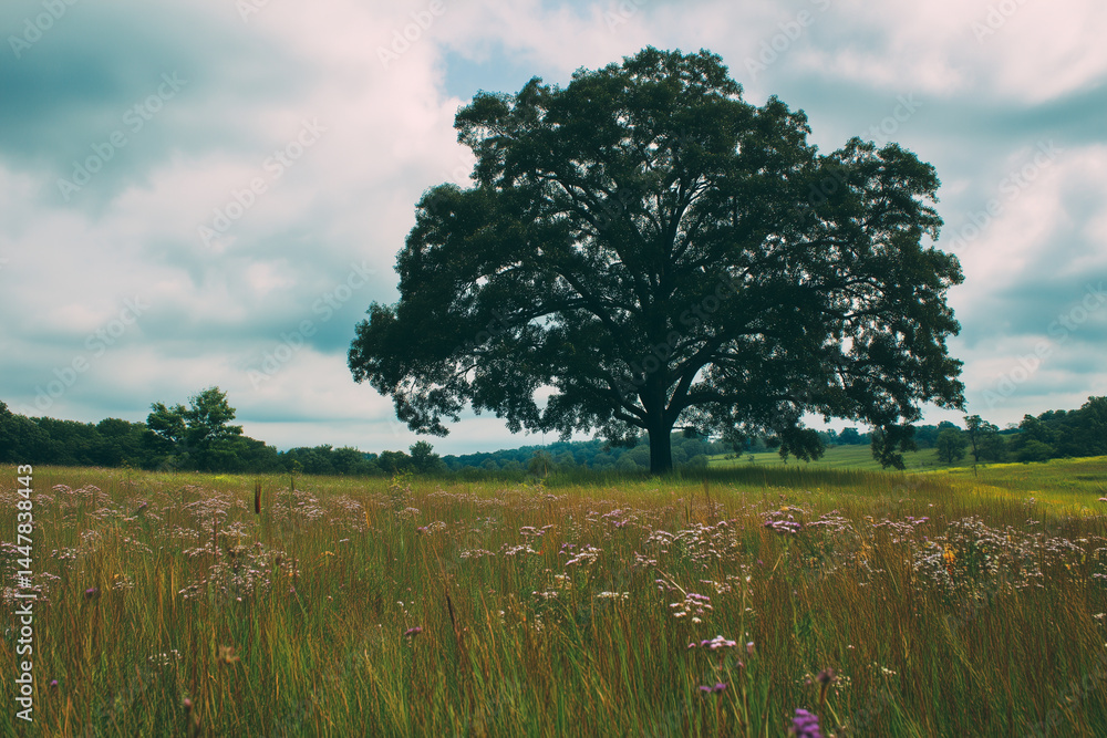 Fototapeta premium Tree in a Lush Green Field with Flowers