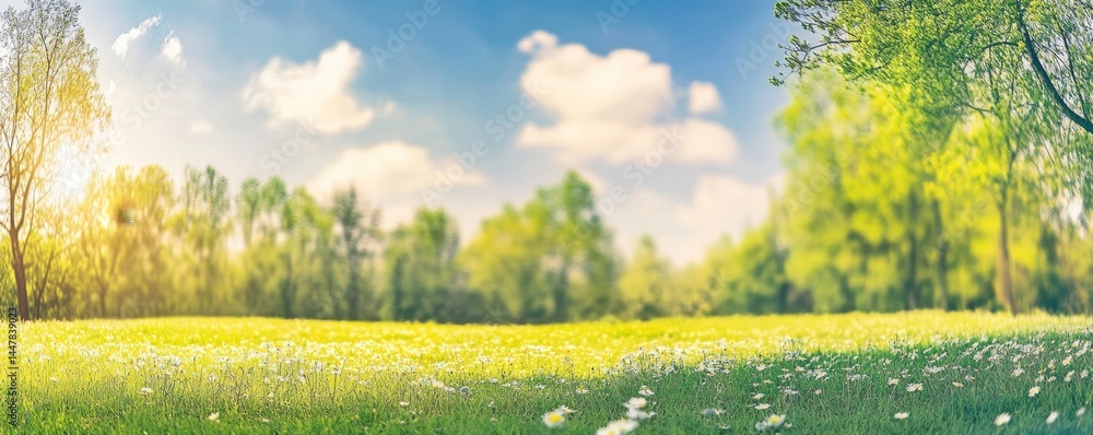 Fototapeta premium Idyllic mountain landscape with fresh green meadows and blooming wildflowers. Idyllic nature countryside view, rural outdoor natural view. idyllic banner nature, panoramic spring summer scenery Pro Ph