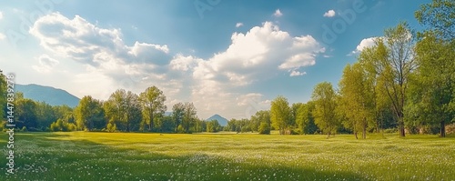 Idyllic mountain landscape with fresh green meadows and blooming wildflowers. Idyllic nature countryside view, rural outdoor natural view. idyllic banner nature, panoramic spring summer scenery Pro Ph
