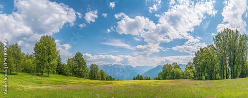 Idyllic mountain landscape with fresh green meadows and blooming wildflowers. Idyllic nature countryside view, rural outdoor natural view. idyllic banner nature, panoramic spring summer scenery Pro Ph