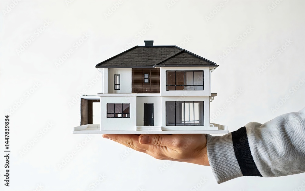 Hand holding a modern house model. New home, real estate concept. Hand holding a modern house model. New home, real estate concept.