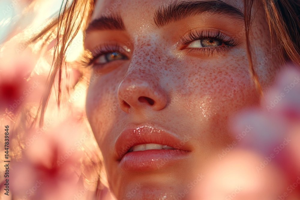 Commercial marketing conceptual art. Stunning caucasian young woman surrounded by cherry blossoms. Spring mood, golden hour in sunset. Colorful woman in cherry blossom grove.