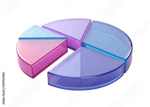 A transparent pie chart with five sections in shades of pink purple and blue on a white background