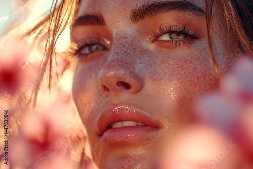 Obraz na płótnie Commercial marketing conceptual art. Stunning caucasian young woman surrounded by cherry blossoms. Spring mood, golden hour in sunset. Colorful woman in cherry blossom grove. w salonie