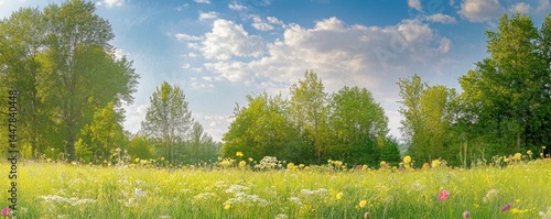 Idyllic mountain landscape with fresh green meadows and blooming wildflowers. Idyllic nature countryside view, rural outdoor natural view. idyllic banner nature, panoramic spring summer scenery Pro Ph